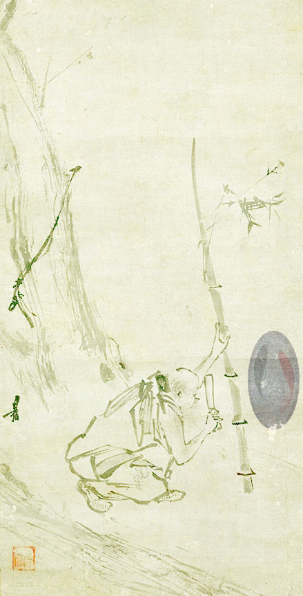 A boy whacking at a bamboo stalk at the base of a cliff.  Or perhaps it is the middle of the cliff.  It may well be impossible to see the salmon here. 