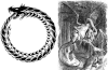 black and white drawings of an ouroboros and Tenniel's jabberwocky