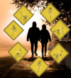 Couple holding hands going down a road, surrounded by diamond yellow road signs with different sign language characters